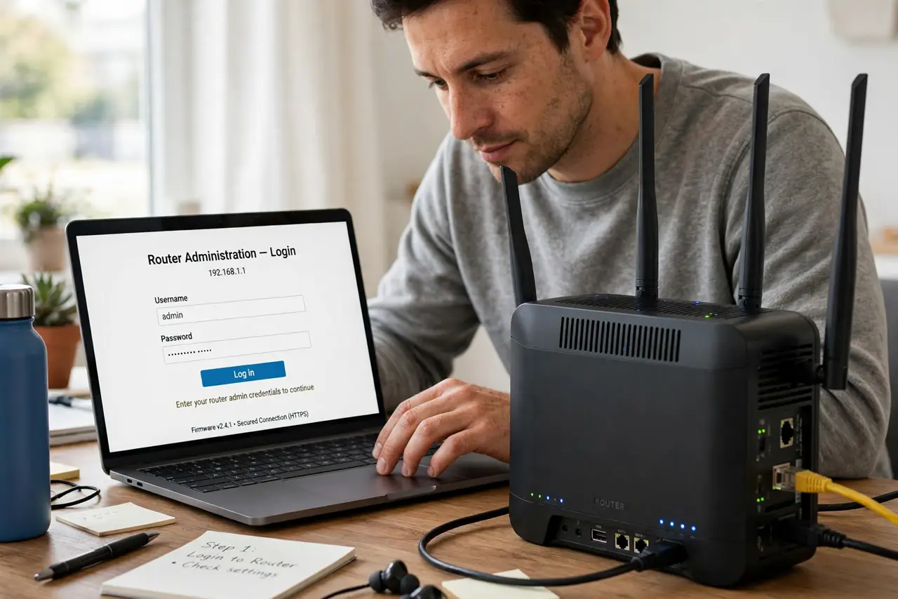 A person carrying out step one: log into your router.
