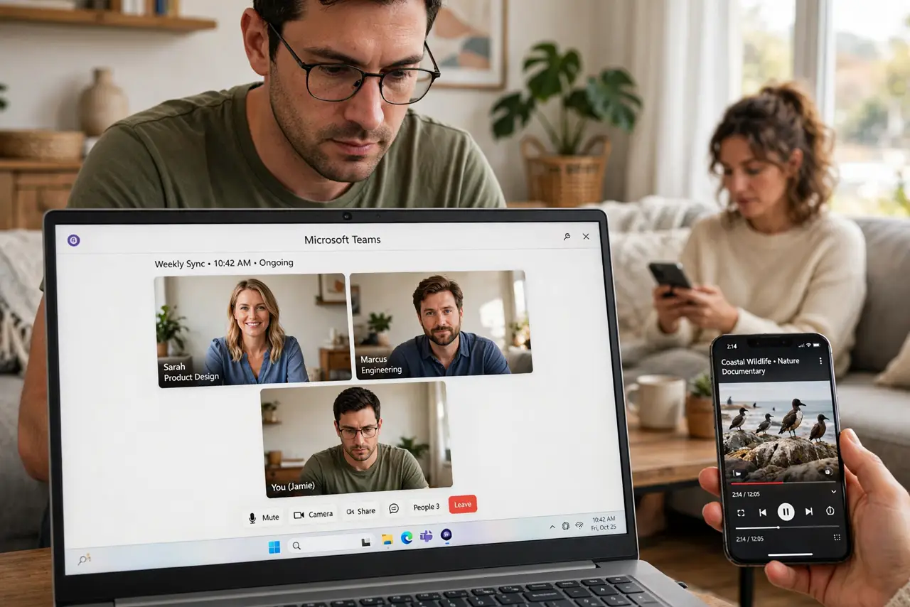 A person on a real laptop in a video call with a legible meeting window, while another person watches video on a phone nearby, the main person's face focused,…