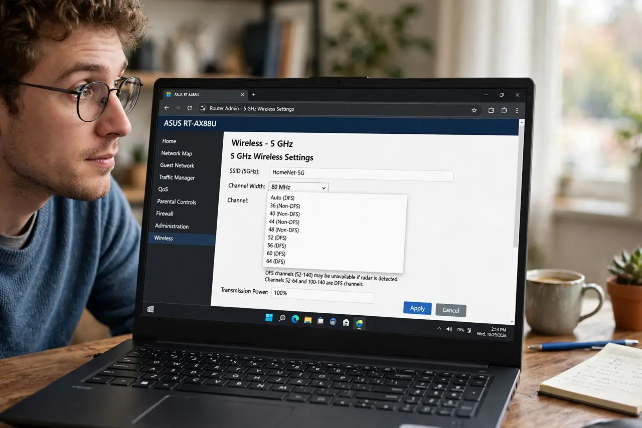 A person browsing a real router's admin page on a laptop, the 5 GHz channel dropdown showing DFS channel numbers fully legible, the person's face curious in a home office.