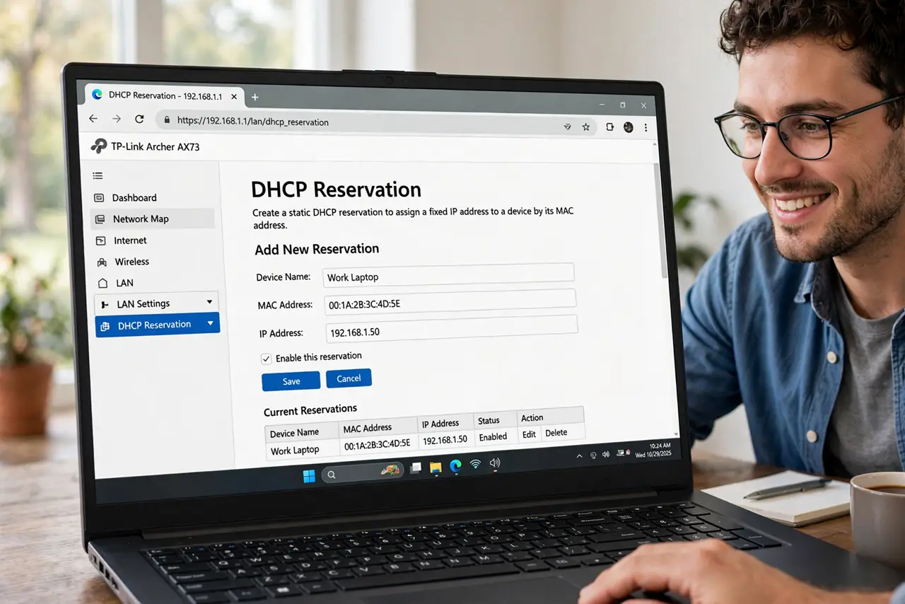 A person creating a DHCP reservation in a real router's LAN settings on a laptop, the MAC address and IP fields fully legible, the person's face satisfied.