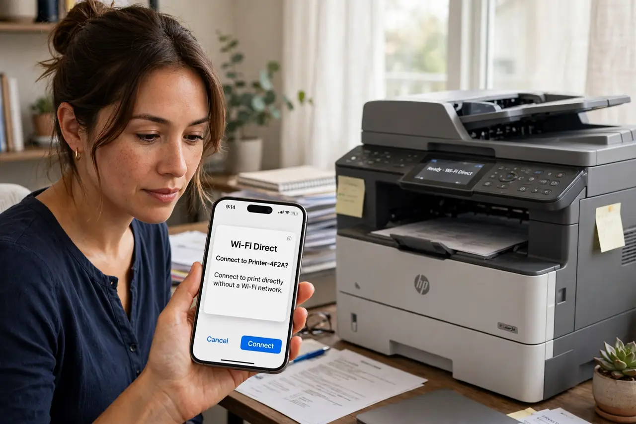 a person holding a real phone near a real printer, the phone screen showing the Wi-Fi Direct connection prompt legibly, the person's face focused, home office. No black screen, no .