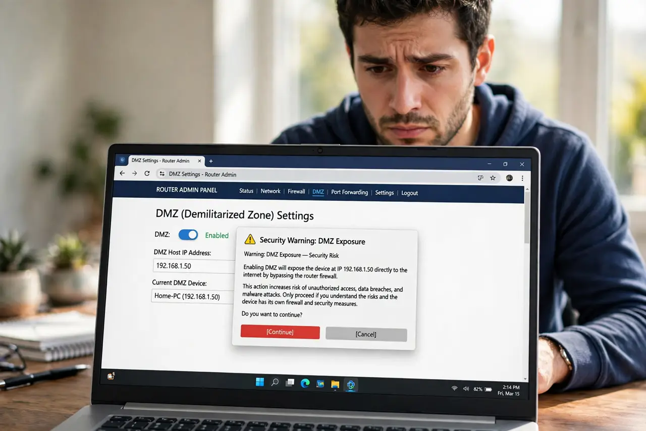 A person reading a warning dialog about DMZ exposure in a real router's admin page on a laptop, the DMZ toggle fully legible, the person's face cautious.