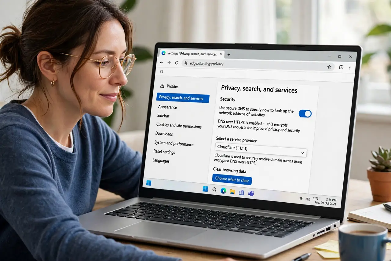 A person enabling Secure DNS in a real browser's settings on a laptop, the DNS over HTTPS toggle fully legible, the person's face calm and informed.