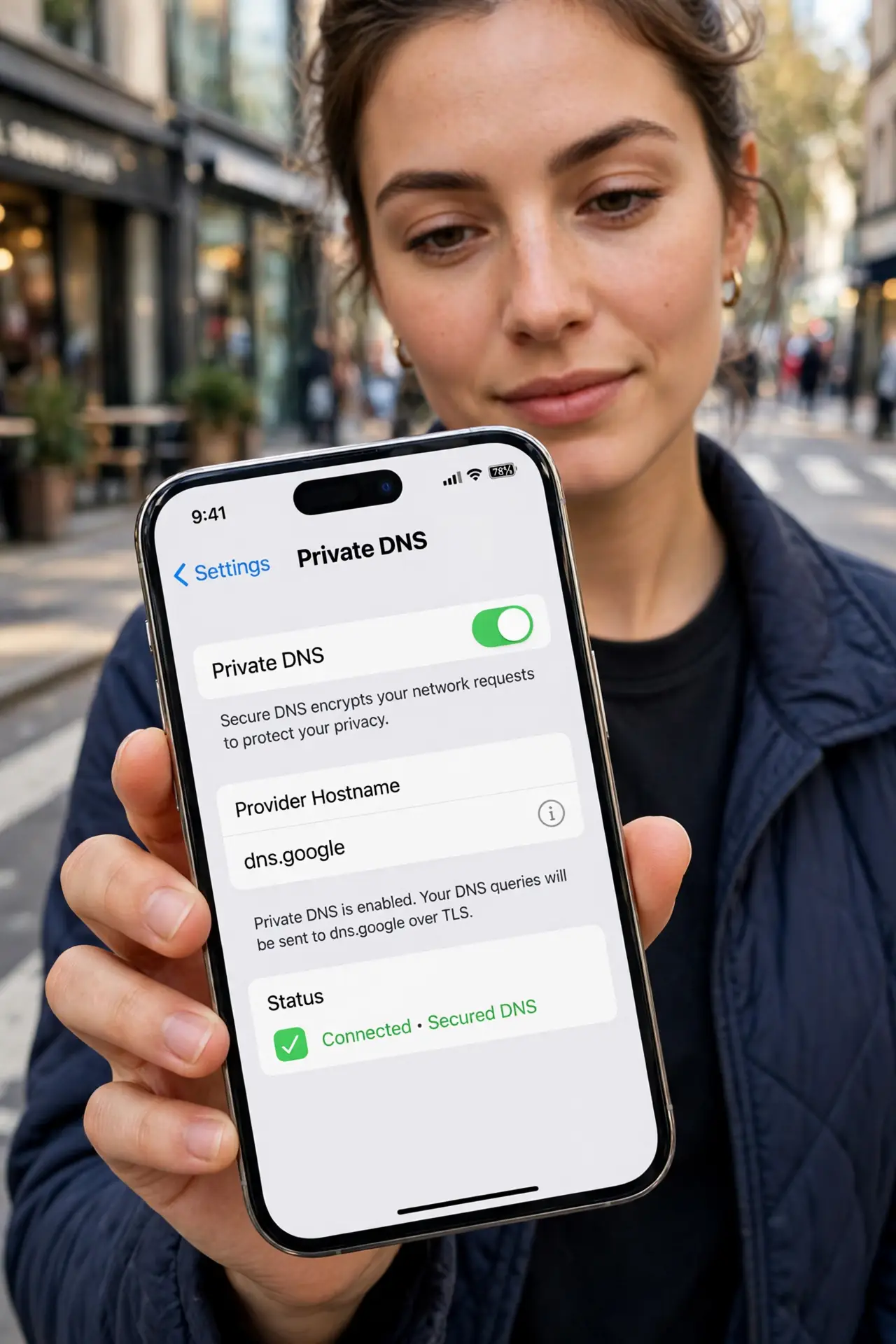 a person enabling Private DNS on a real phone screen with the DNS settings legible, the person's face assured, city street behind.