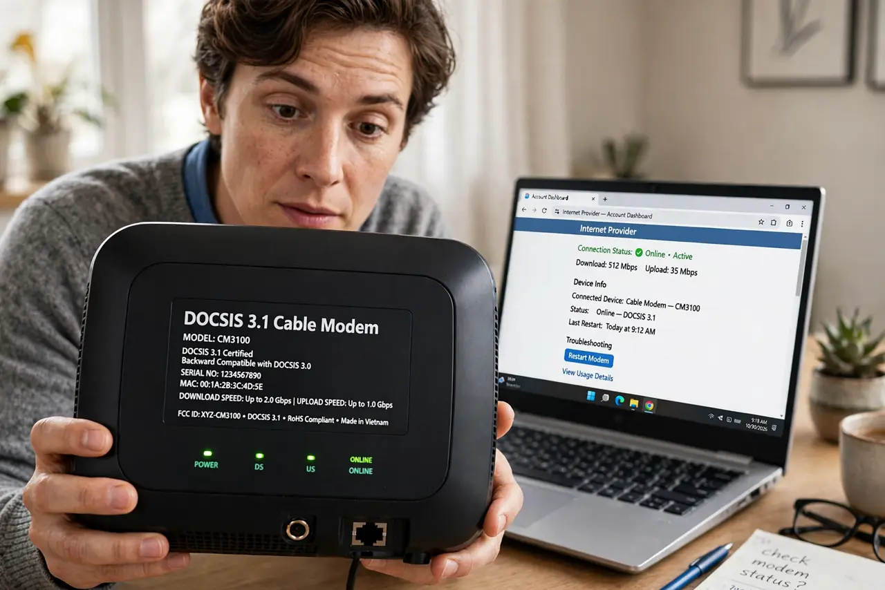 A person holding a cable modem showing its DOCSIS label close up and legible, a real laptop with a provider page open beside it, the person's face curious, home office.