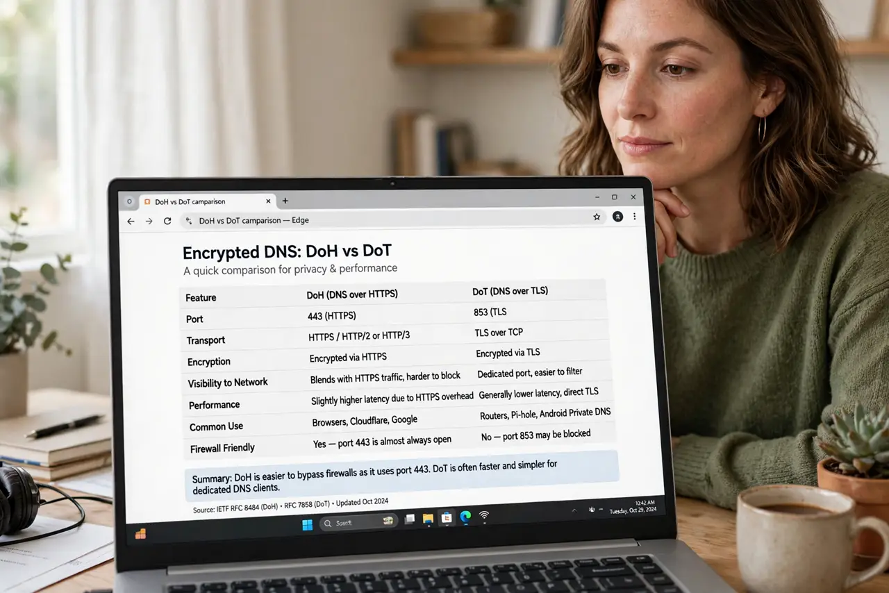 a person comparing DoH and DoT on a real laptop screen showing a legible comparison of encrypted DNS protocols, the person's face thoughtful, home office.