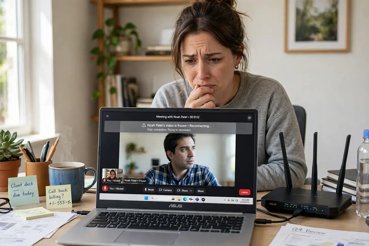 a person at a real desk on a video call with a frozen frame on the laptop screen, the router visible nearby, the person's face frustrated, home office.