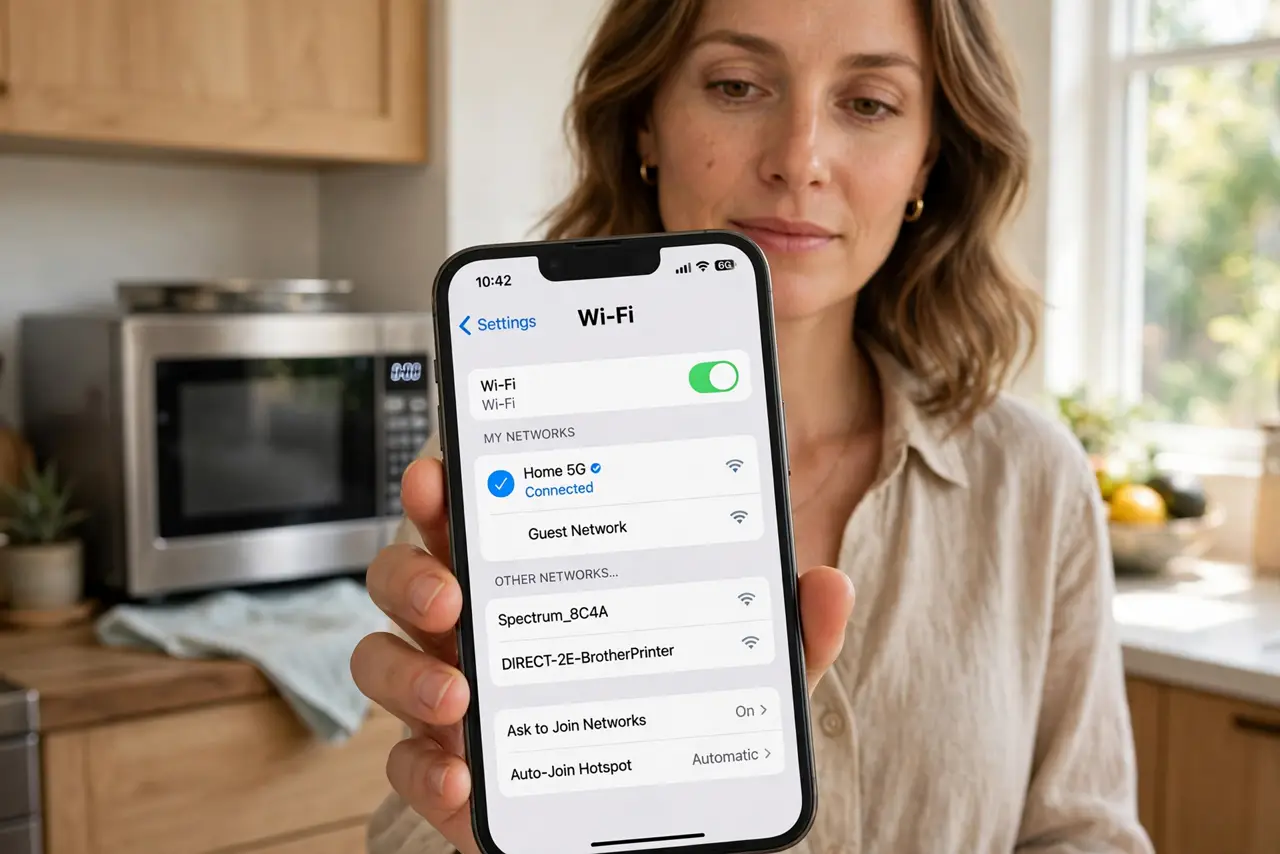 Photorealistic photo: A calm adult in a kitchen holding a real phone, the real Wi-Fi settings screen visible complete and legible, a microwave in the background, the person checking calmly.