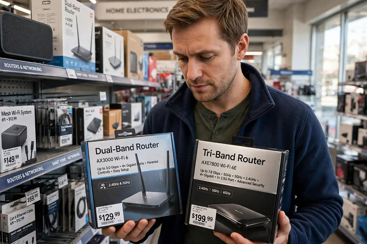 a person comparing a real dual-band and tri-band router box in a store, price tags visible, the person's face weighing the decision, electronics aisle.