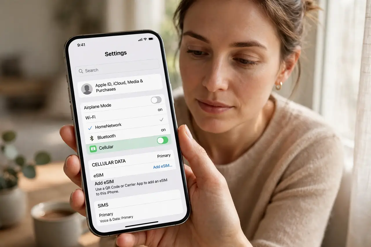 A person performing the first step of the guide: Check your phone supports eSIM.