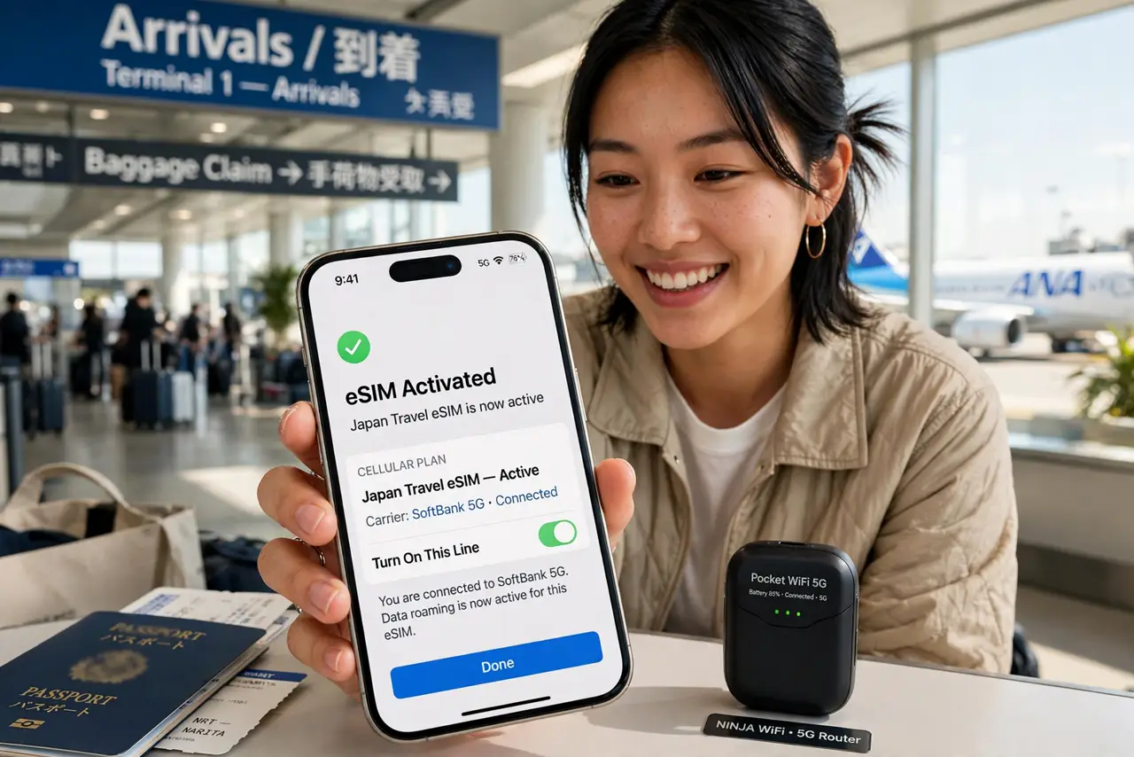 a person landing in Japan activating a real travel eSIM on a phone with legible confirmation, pocket Wi-Fi device beside for comparison, the person's face excited, airport.
