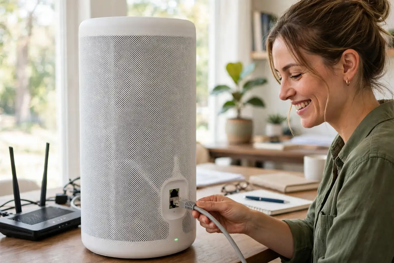 A person plugging a real Ethernet cable into the back of a real mesh Wi-Fi node next to a router, the person's face satisfied, home office.