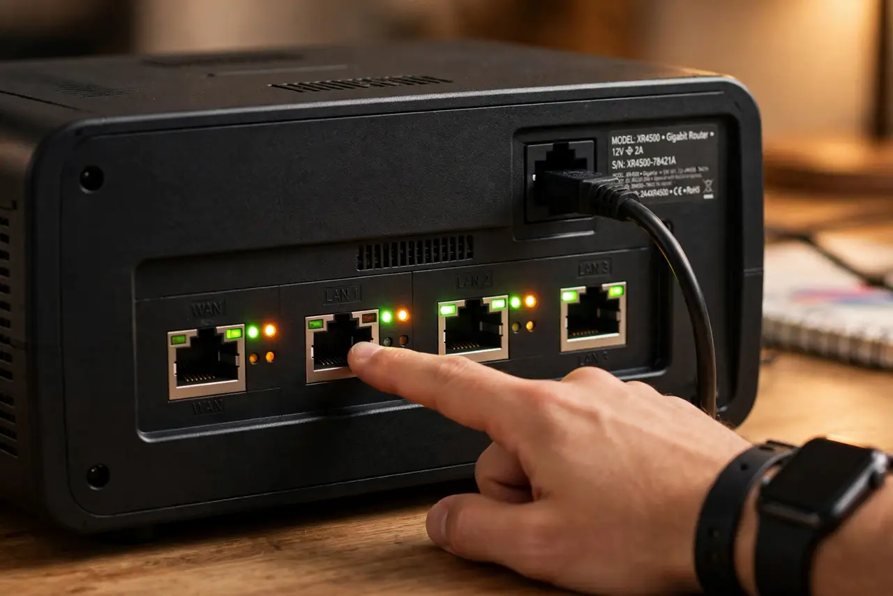 A close-up of a real router's back panel showing Ethernet ports with green and amber link lights clearly visible, a person's finger pointing at one port, warm desk lighting.