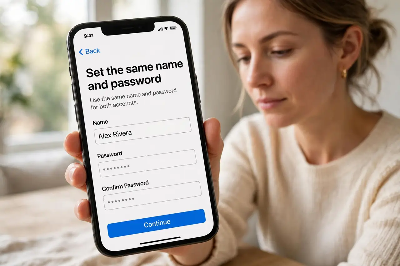 Person performing step 1: Set the same name and password. In the extender settings, set its network name and password exactly equal to the router network....