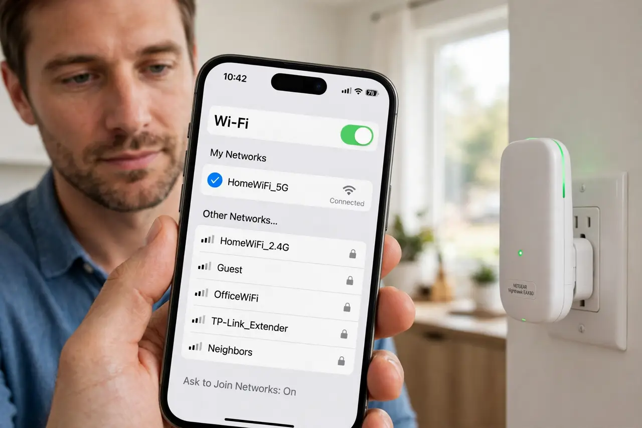 Photorealistic photo: A calm adult holding a real phone near a real Wi-Fi extender, the real Wi-Fi network list visible complete and legible, the person checking calmly.