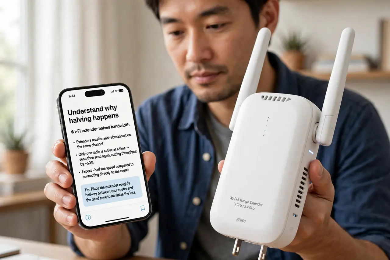 Step 1 in action for Does a Wi-Fi Extender Halve Your Speed: Understand why halving happens.