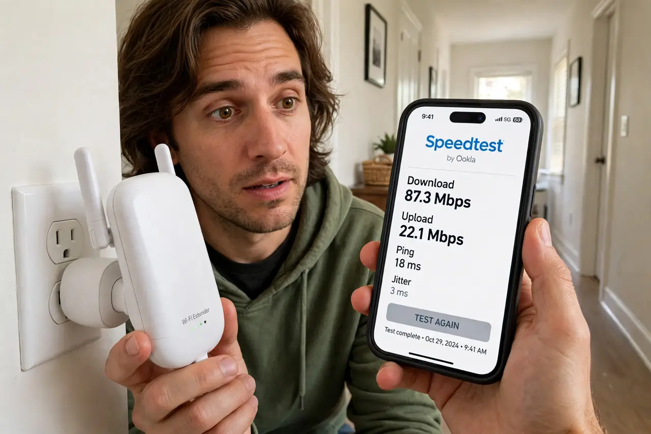 Does a Wi-Fi Extender Halve Your Speed — a person holding a real Wi-Fi extender plugged into a wall outlet in a hallway, a phone in the other hand show