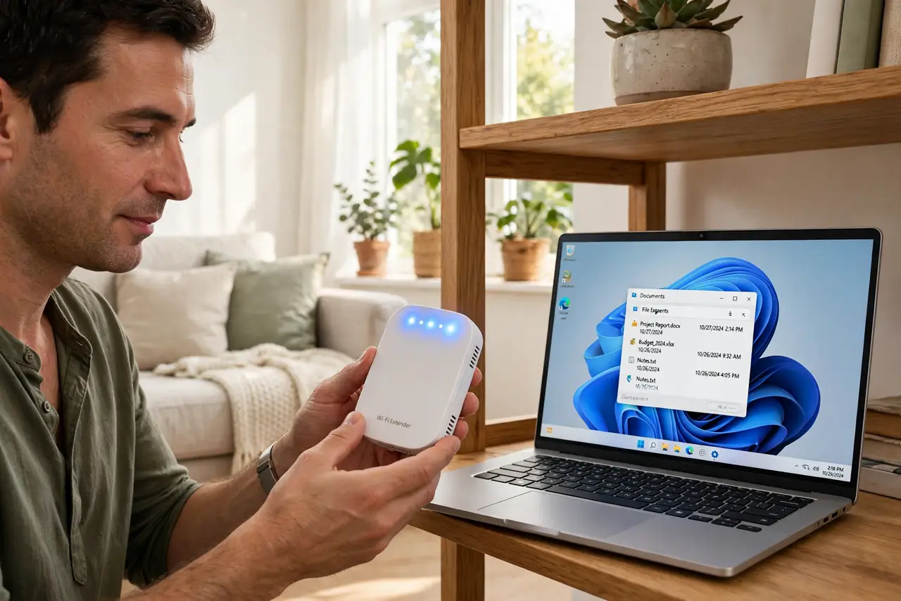 a calm adult in a living room moving a small white Wi-Fi extender from behind a couch to an open shelf, the extender's signal lights fully visible, the room bright and clear. No black screen, no blank white screen, no...