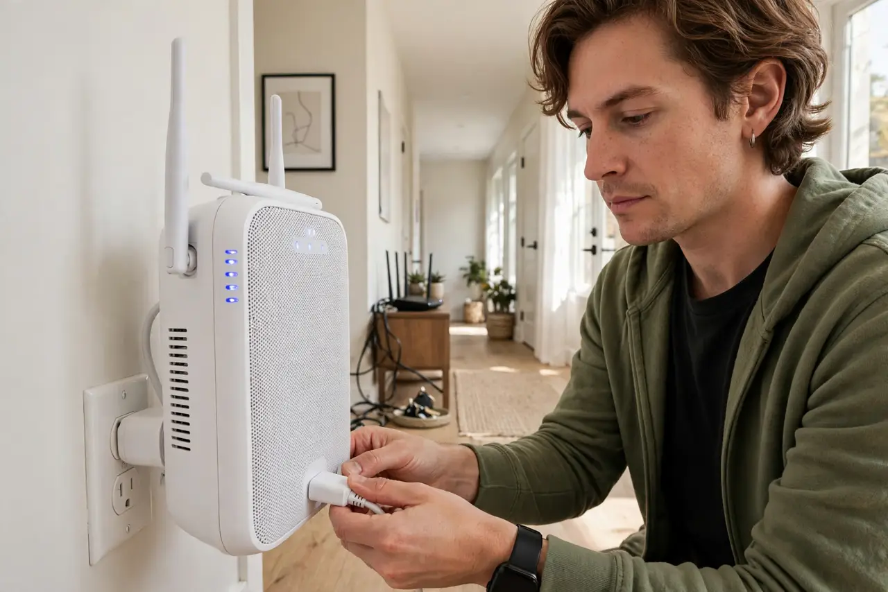 a person plugging a real Wi-Fi extender into a wall outlet in a bright hallway, a router visible in the background down the hall, the person's face thoughtfu...