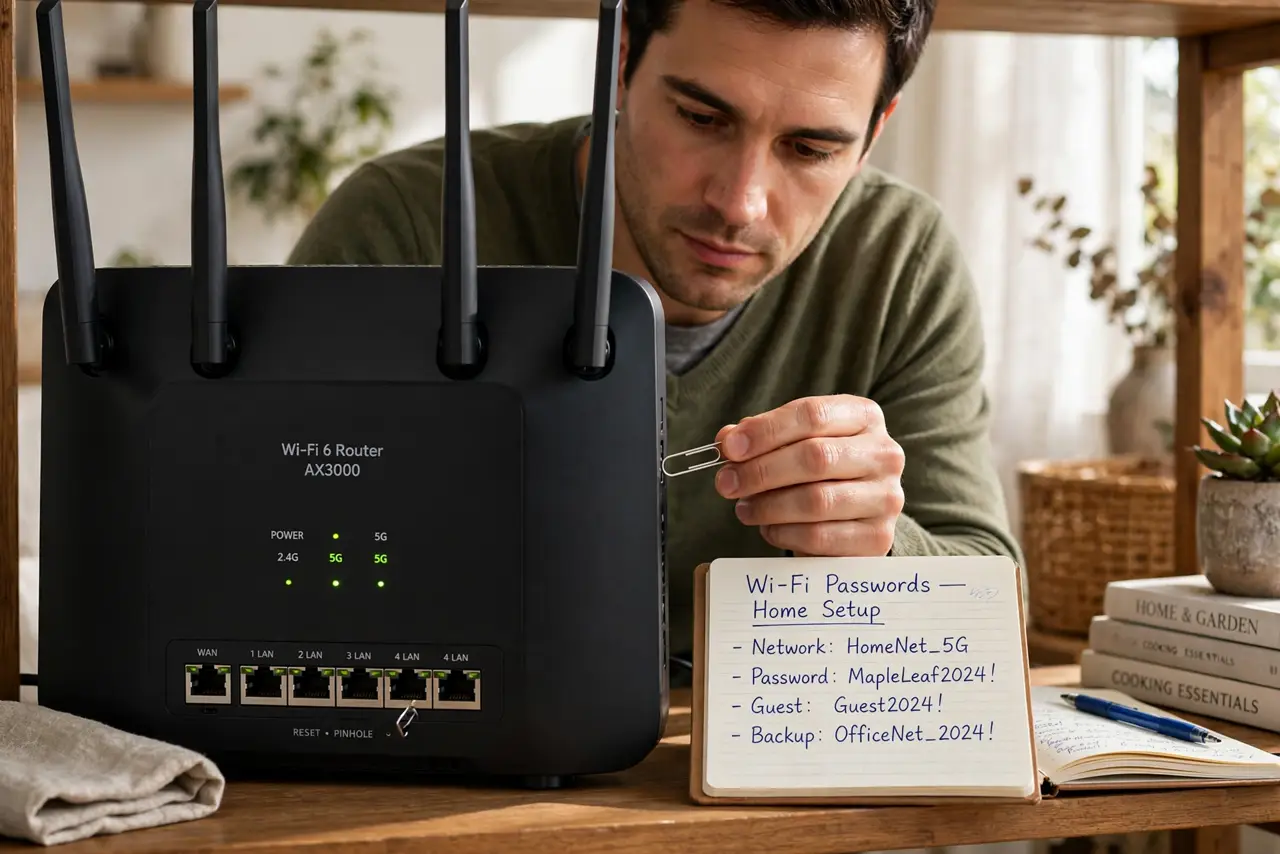 a person holding a paperclip near the reset pinhole of a real Wi-Fi router, a notebook with written passwords beside it, the person's face focused and careful, living room shelf.