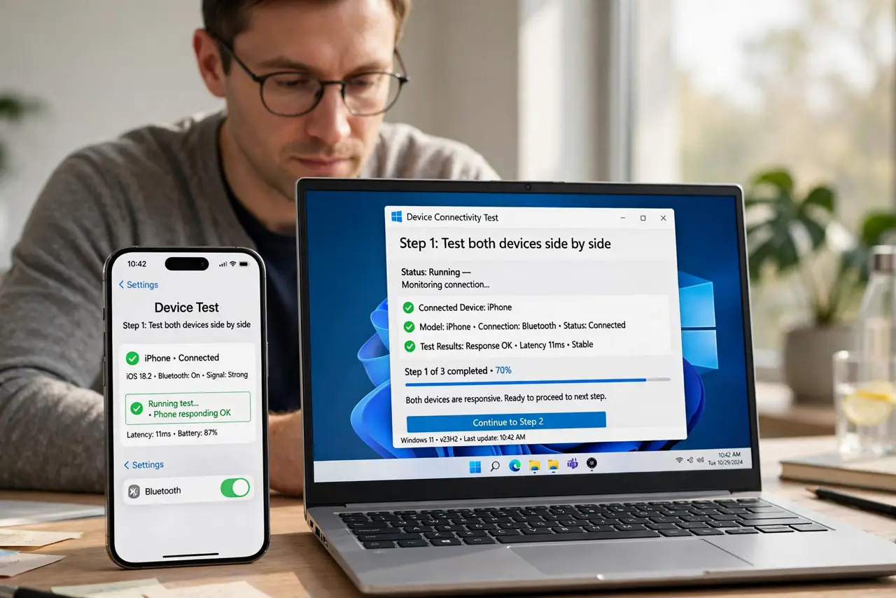 Person performing step 1: Test both devices side by side. Place the phone and laptop together and load the same page or test on both. Side-by-side testing proves...