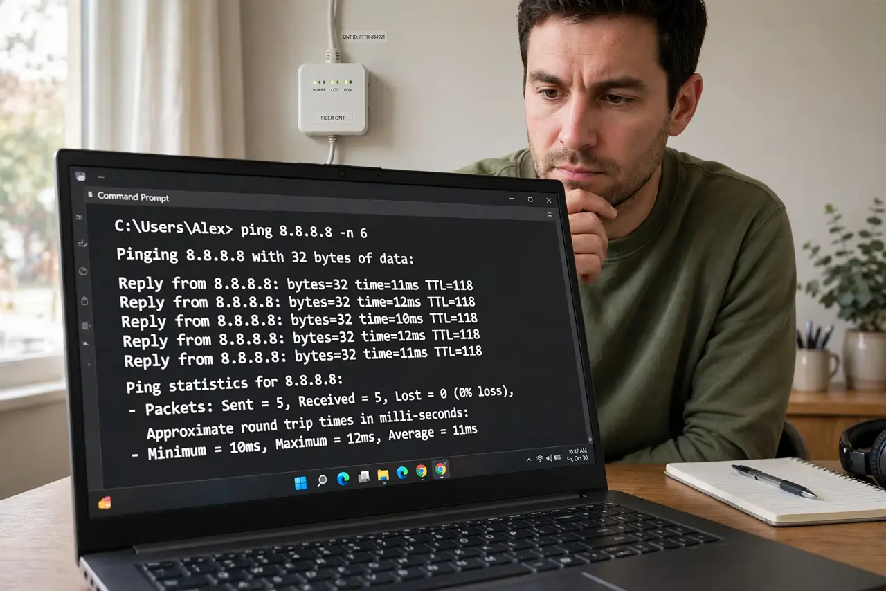 A person at a desk with a real laptop showing a latency test with legible ping numbers, a fiber ONT box on the wall behind, the person's face thoughtful, home office.