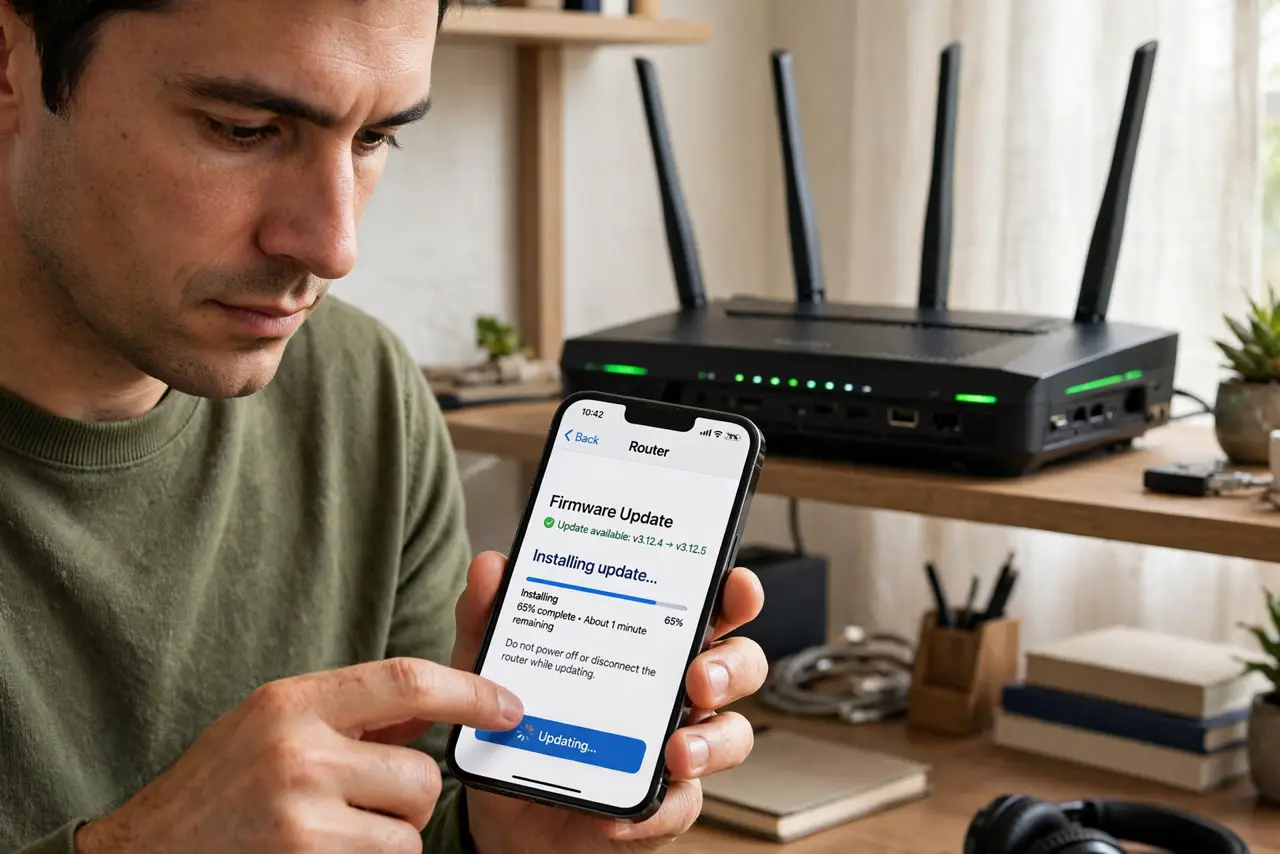 a person tapping a firmware update button in a real router app on a phone, a progress bar showing the update installing, a router on a shelf behind, the person's face focused, home.