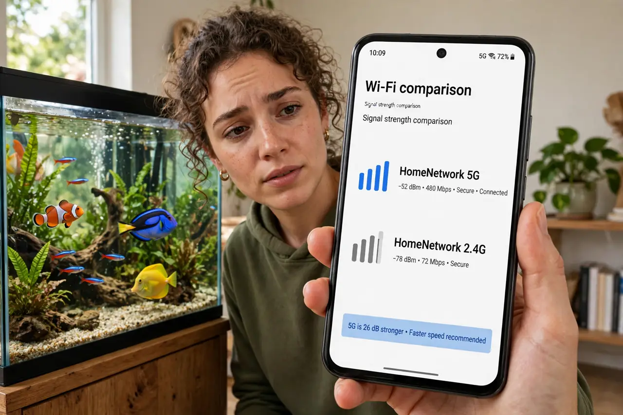 A person beside a large home aquarium holding a real phone showing a Wi-Fi signal comparison with legible bars, colorful fish visible in the tank, the person's face curious.