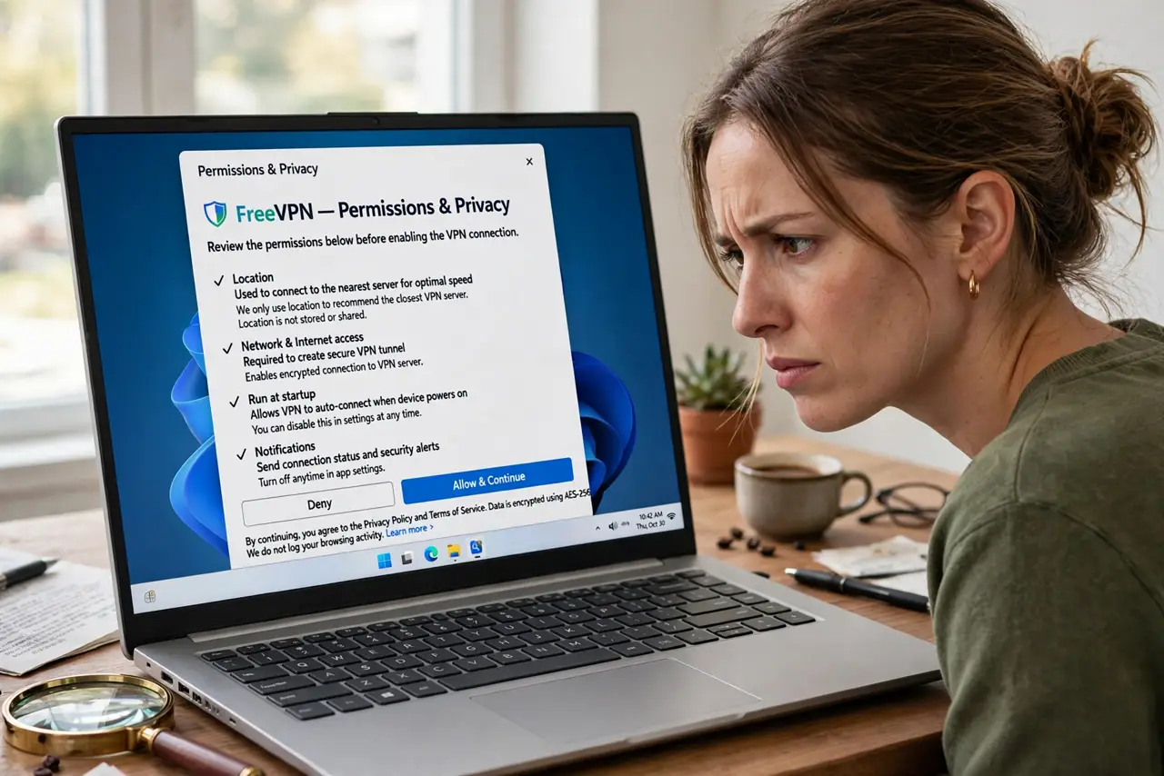 a person reading fine print on a real laptop screen showing a free VPN app with legible permission requests, the person's face skeptical, magnifying glass nearby.