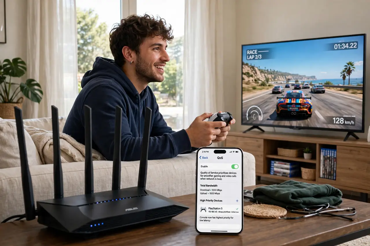 a person gaming on a real console with a smooth game on screen, a phone beside showing router QoS settings with the console prioritized, the person's face focused and happy, living.