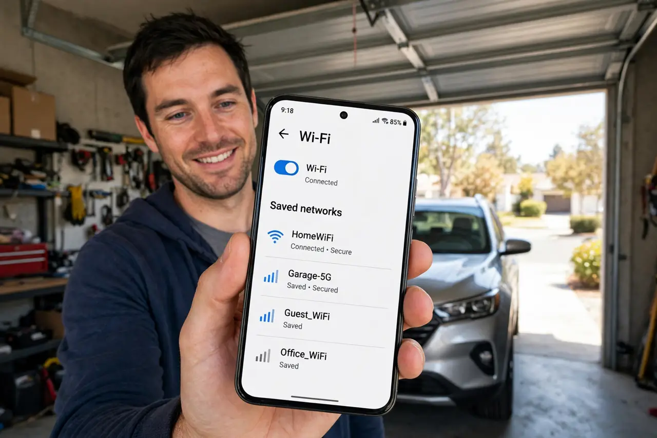 A person standing in a garage holding a real phone showing a Wi-Fi signal screen with legible bars, a car and metal door behind them, the person's face hopeful, daylight through the open door.