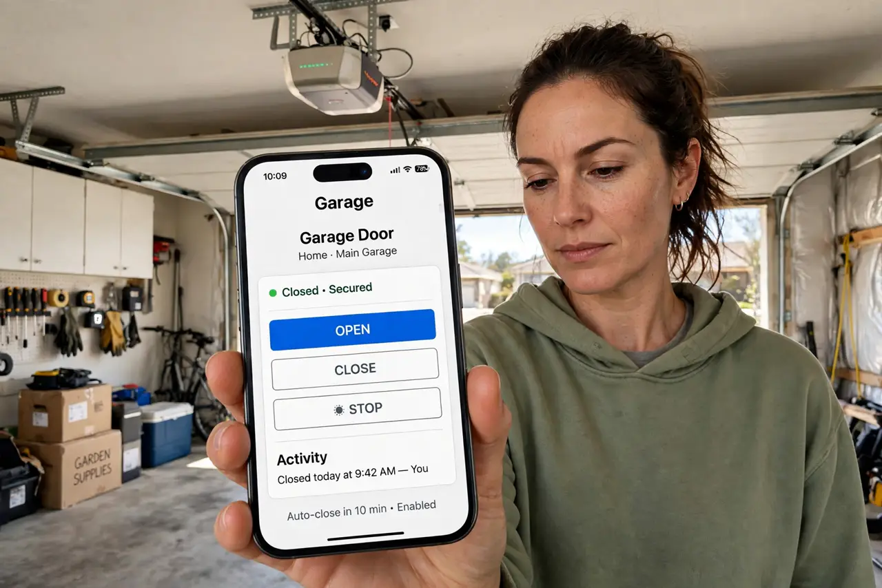 a person in a home garage holding a real smartphone showing a garage opener app with legible controls, a real smart garage opener mounted on the ceiling, the person's face focused, daytime.