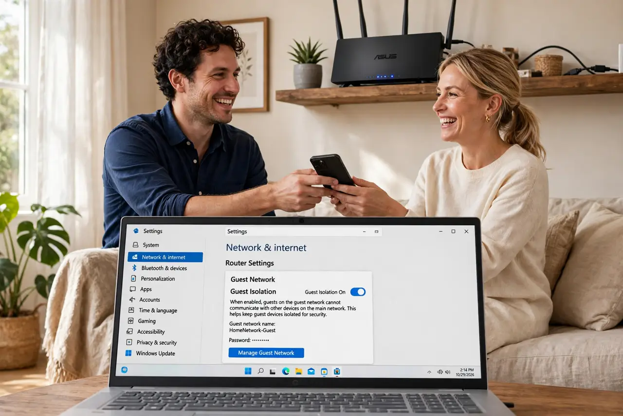 A person handing a real phone to a smiling guest in a living room, a real router visible on a shelf, the router's guest isolation toggle shown on a laptop screen fully legible nearby.