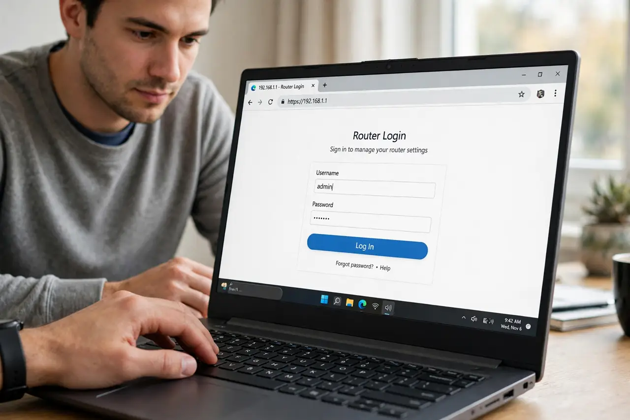 A person carrying out step one: log into your router.