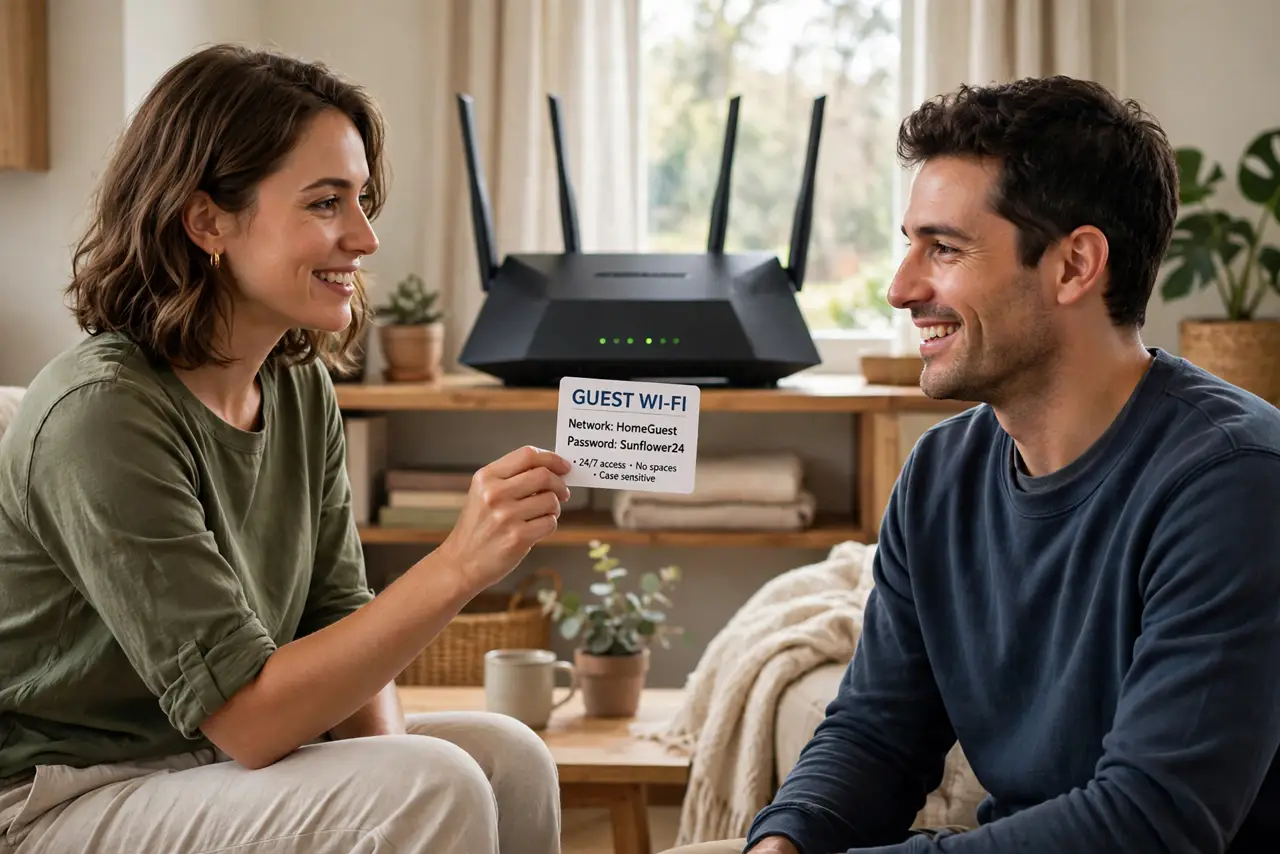 A person showing a guest Wi-Fi password card to a smiling visitor in a living room, a router visible on a shelf, both people relaxed, home interior.
