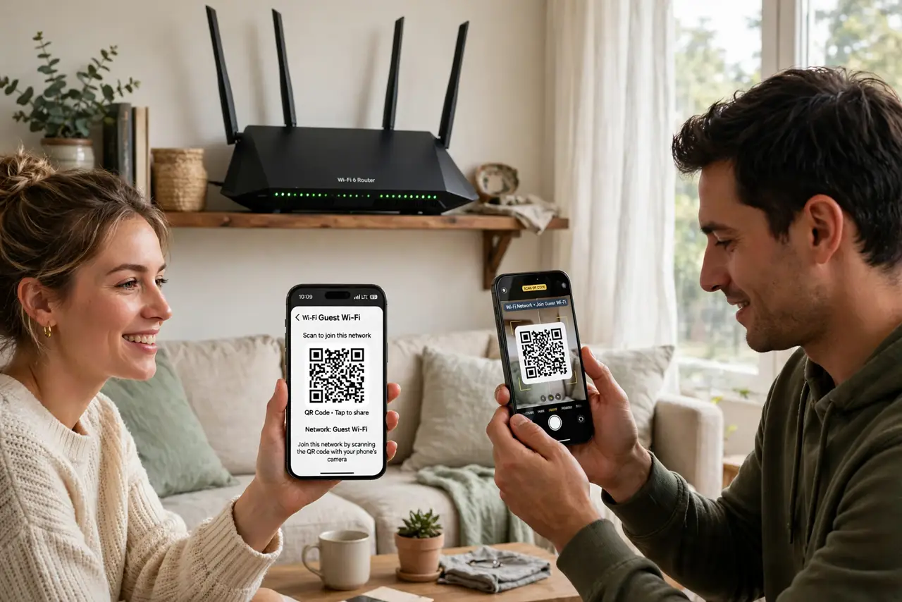 a person holding a real phone showing a large Wi-Fi QR code on screen while a guest scans it with their own phone, both people relaxed in a living room, a router visible on a shelf.