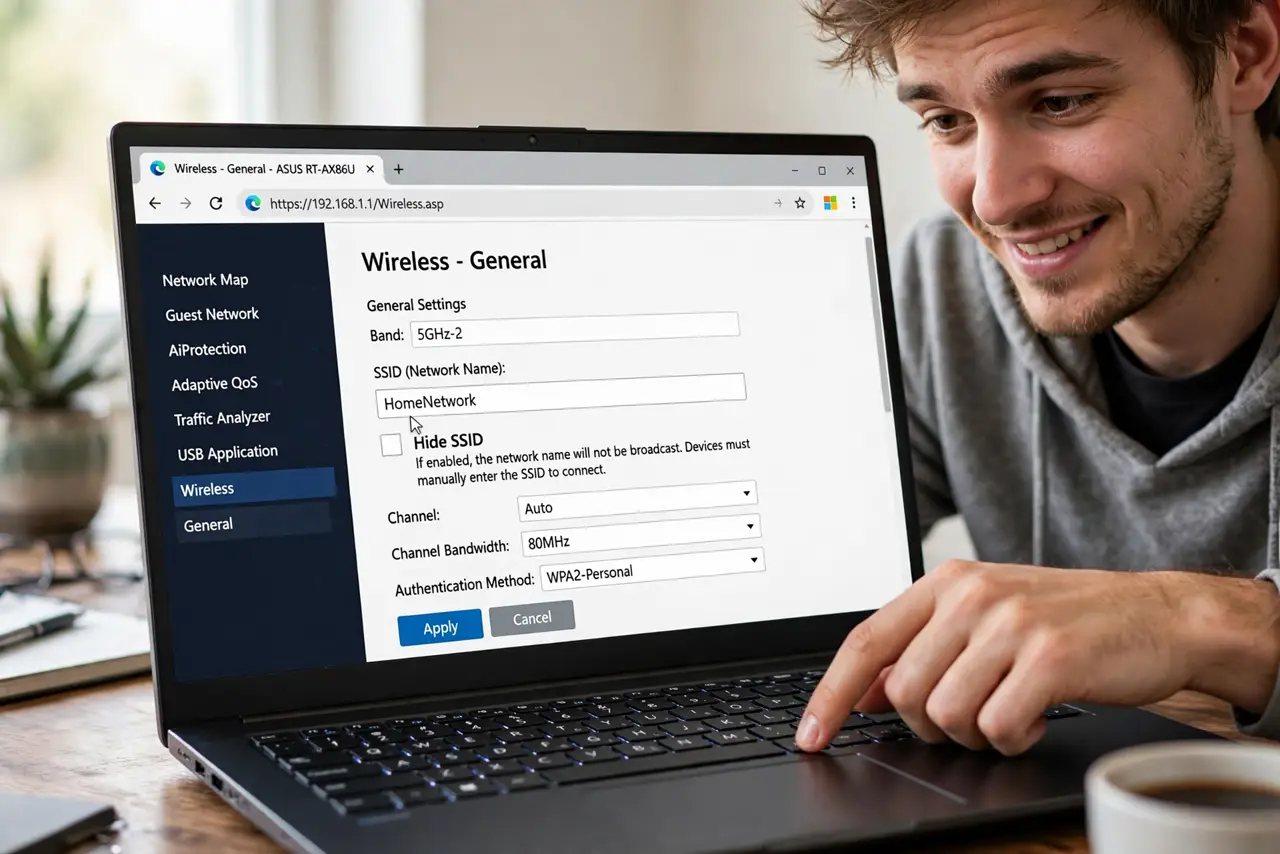 A person unchecking the Hide SSID option in a real router's wireless settings on a laptop, the checkbox fully legible, the person's face mildly amused.