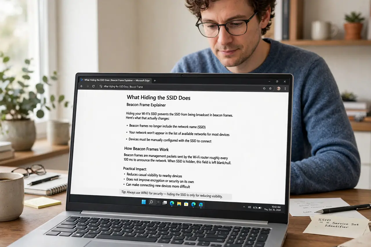 Photoreal photo of a person performing the first step: Understand what hiding does. Disabling SSID broadcast stops the router from announcing its n...