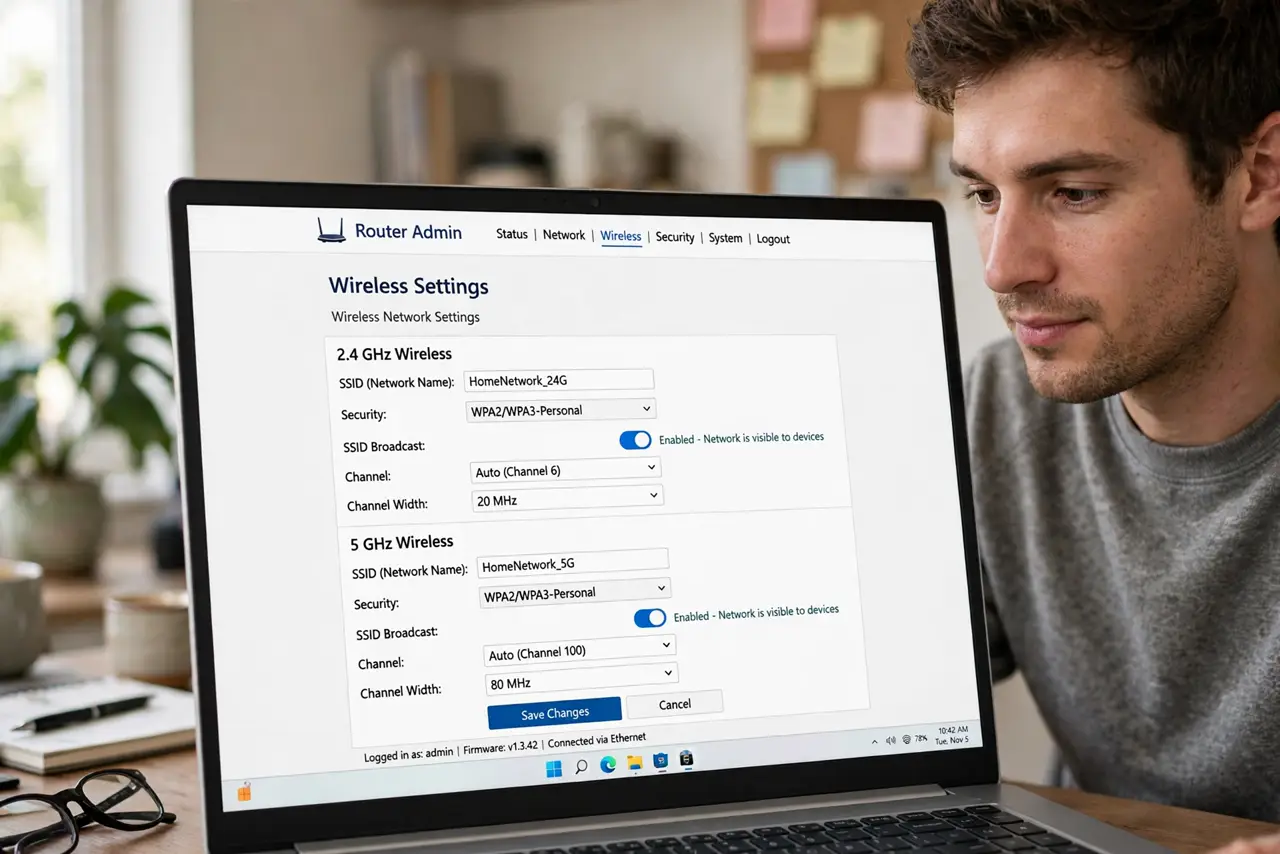 Photoreal photo: a person looking at a real router admin page on a real laptop showing wireless settings with the SSID broadcast toggle visible and legible, the person's face thoughtful, home office. No black scree...