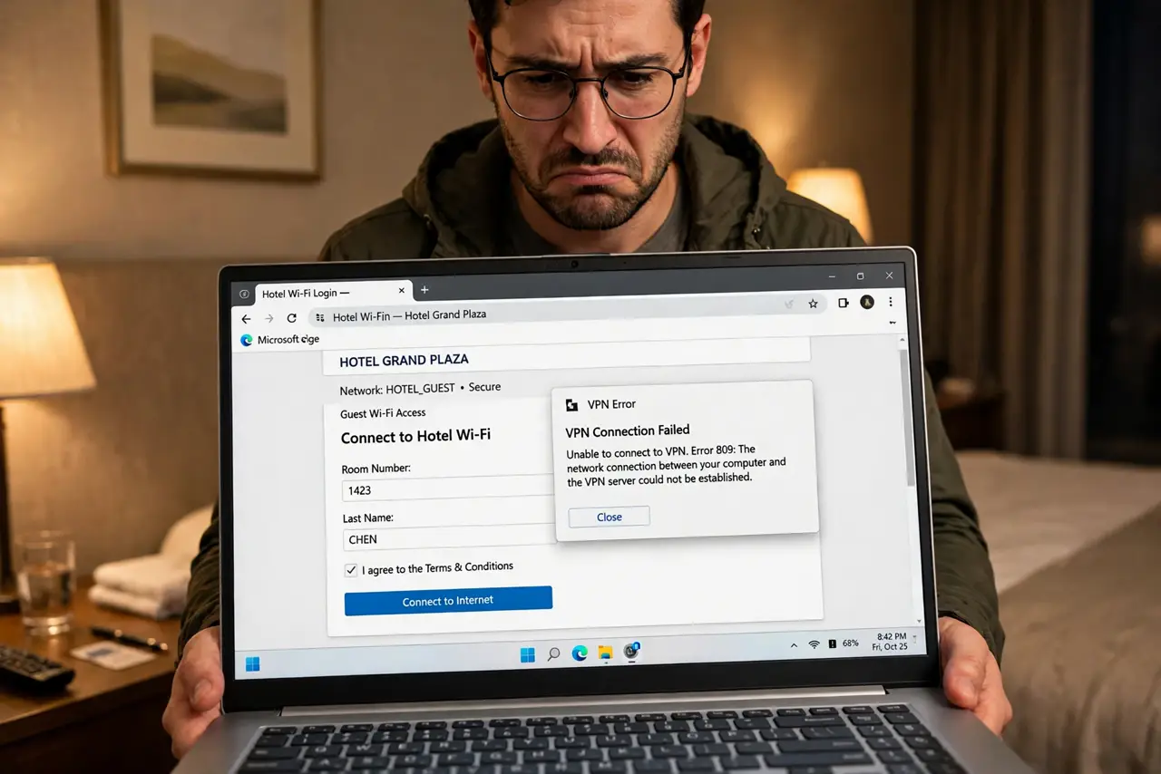A traveler in a hotel room holding a real laptop showing a hotel Wi-Fi login portal with legible text and a VPN error beside it, the person's face annoyed.