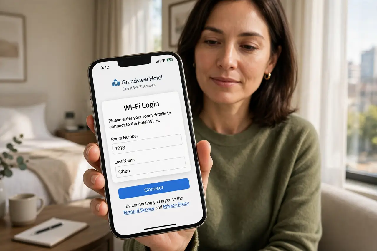 Photorealistic photo: A calm adult in a hotel room holding a real phone, the real hotel Wi-Fi login page visible complete and legible, the person checking calmly.