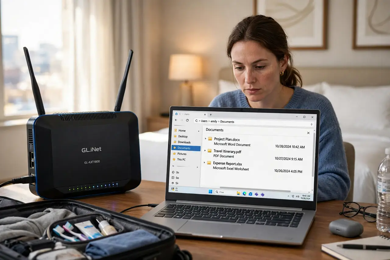 a person in a real hotel room working on a real laptop, a small travel router beside it, suitcase open nearby, the person's face focused, warm hotel lighting. No black screen, no b.