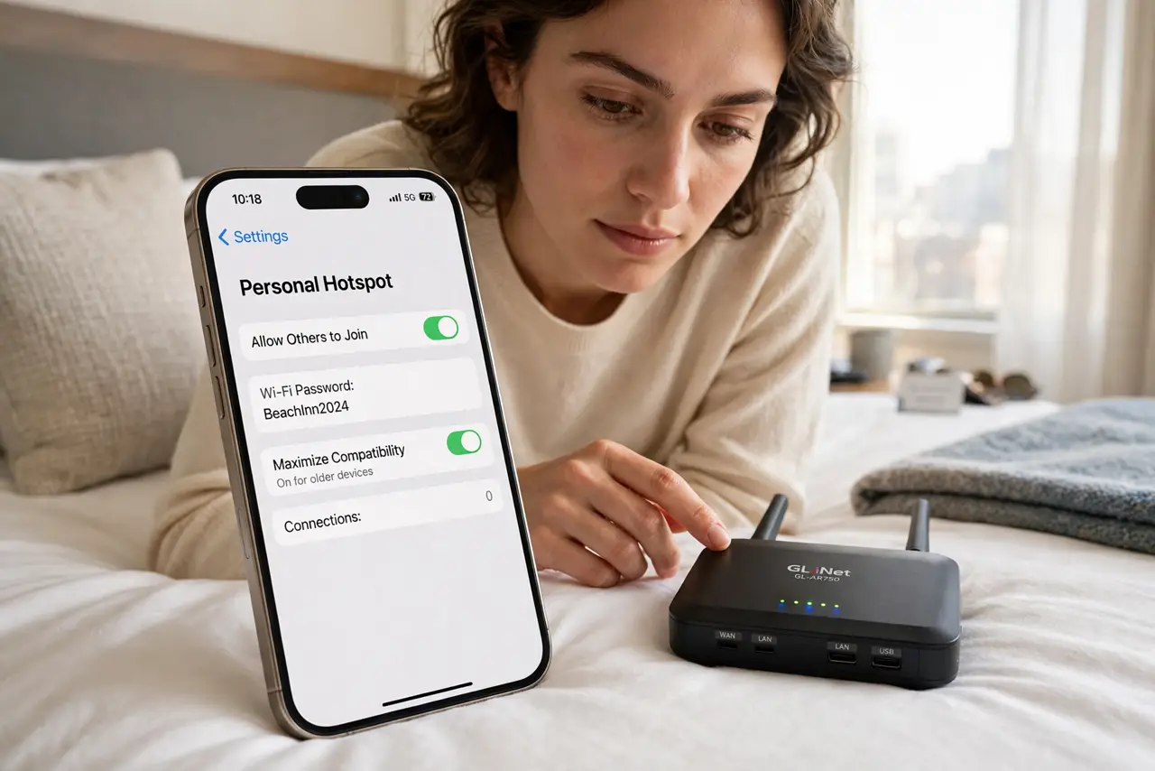 a person comparing a real phone hotspot screen and a small real travel router on a hotel bed, the person's face weighing options, hotel room.
