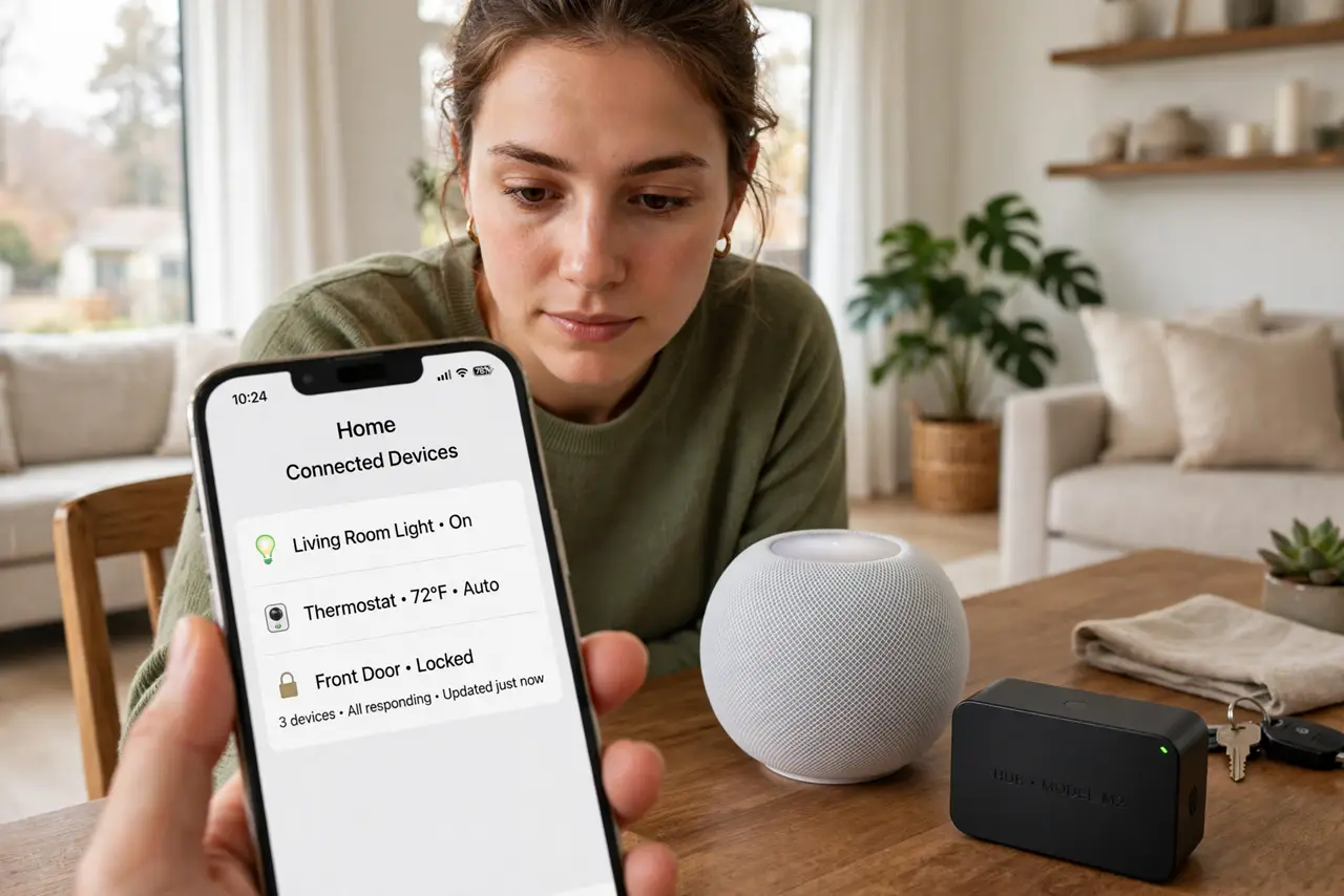 a person in a smart home living room looking at a real smart speaker and a real hub box on a table, a smartphone showing connected devices with legible text, the person's face thoughtful, daytime.