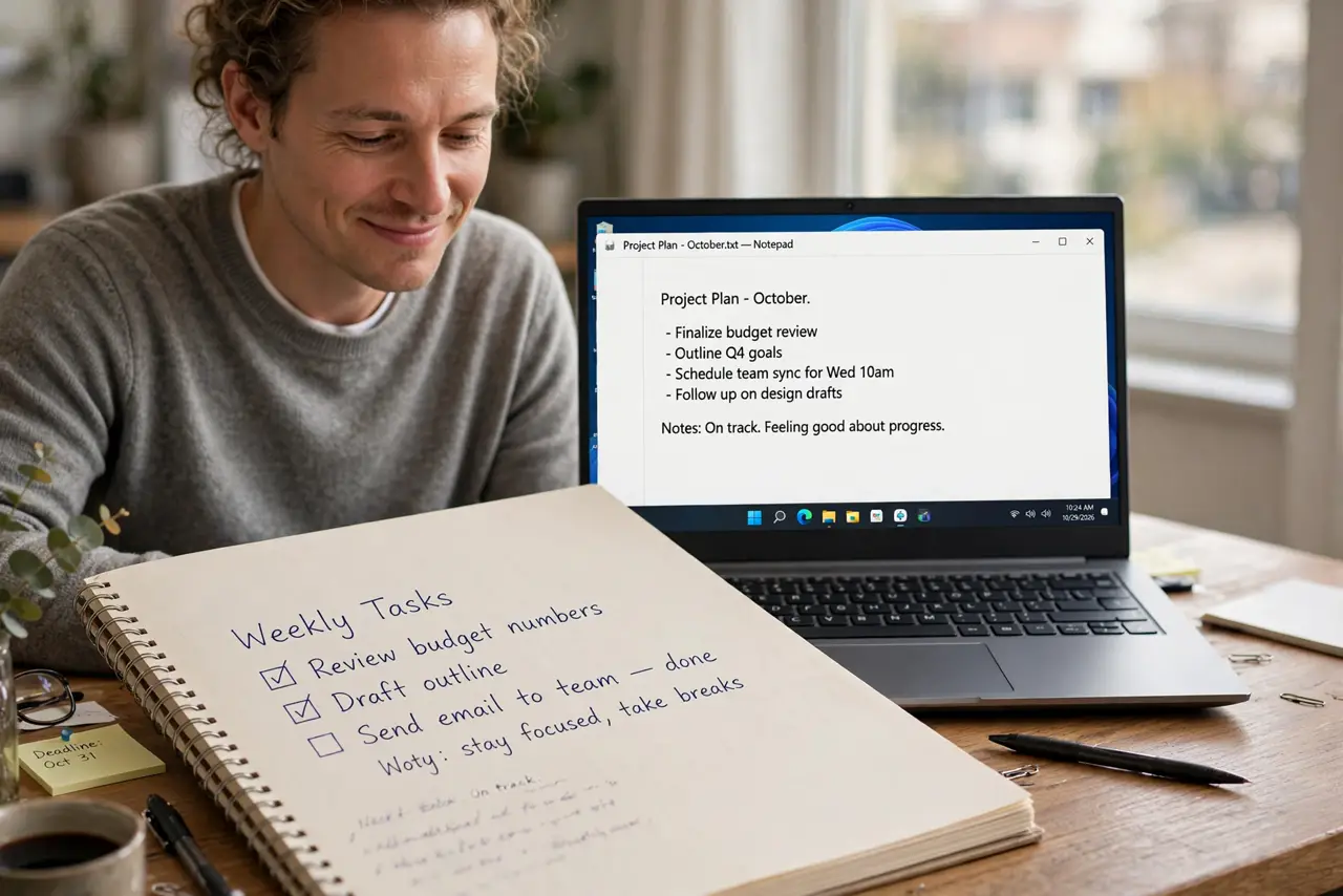 A calm adult at a desk with a Windows laptop, the taskbar showing the Wi-Fi icon in the system tray.