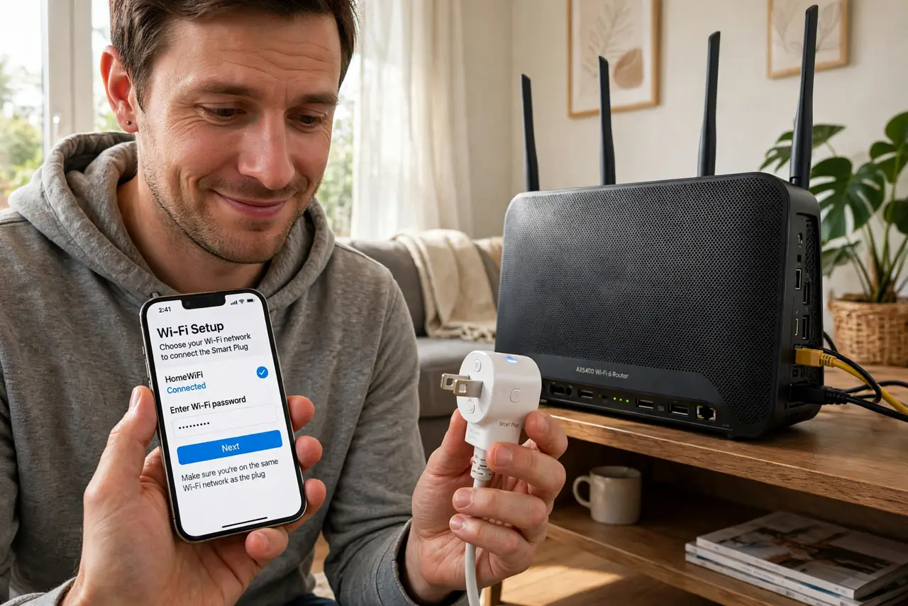 A person holding a real smart plug near a real router, phone in hand showing a legible Wi-Fi setup screen, the person's face mildly frustrated then…