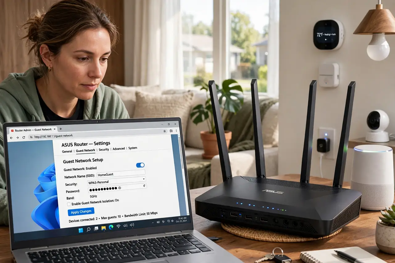 a person using a real laptop showing router settings with a guest network being configured, smart home devices visible around the living room, the person's face focused. No black s.