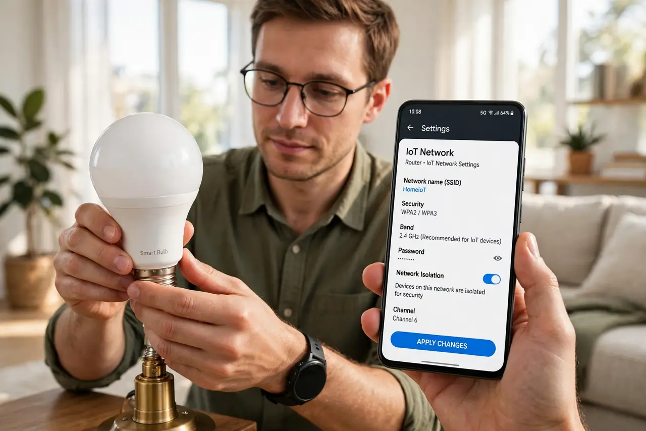 A person connecting a real smart bulb in a living room while a real phone shows the router's separate IoT network settings fully legible, the person's face calm and methodical.