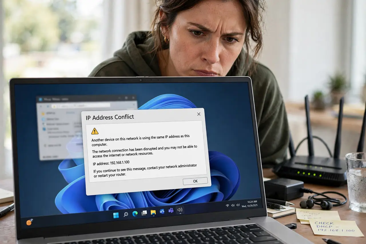 A person reading an IP address conflict warning on a real laptop screen, the error dialog fully legible, a real router on the desk behind, the person's face annoyed but focused.