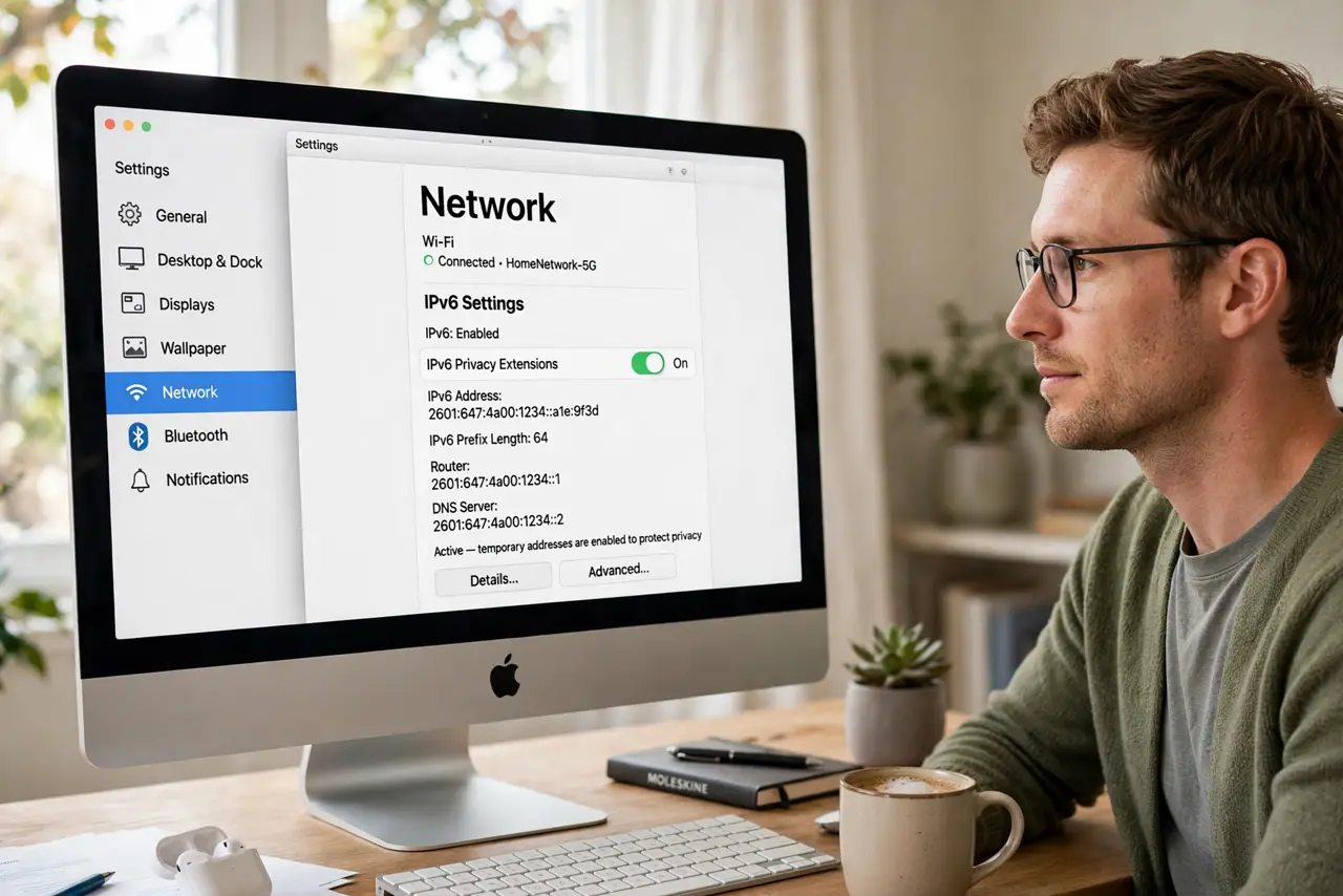 a person checking IPv6 privacy settings on a real computer screen with network details legible, the person's face assured, home office.